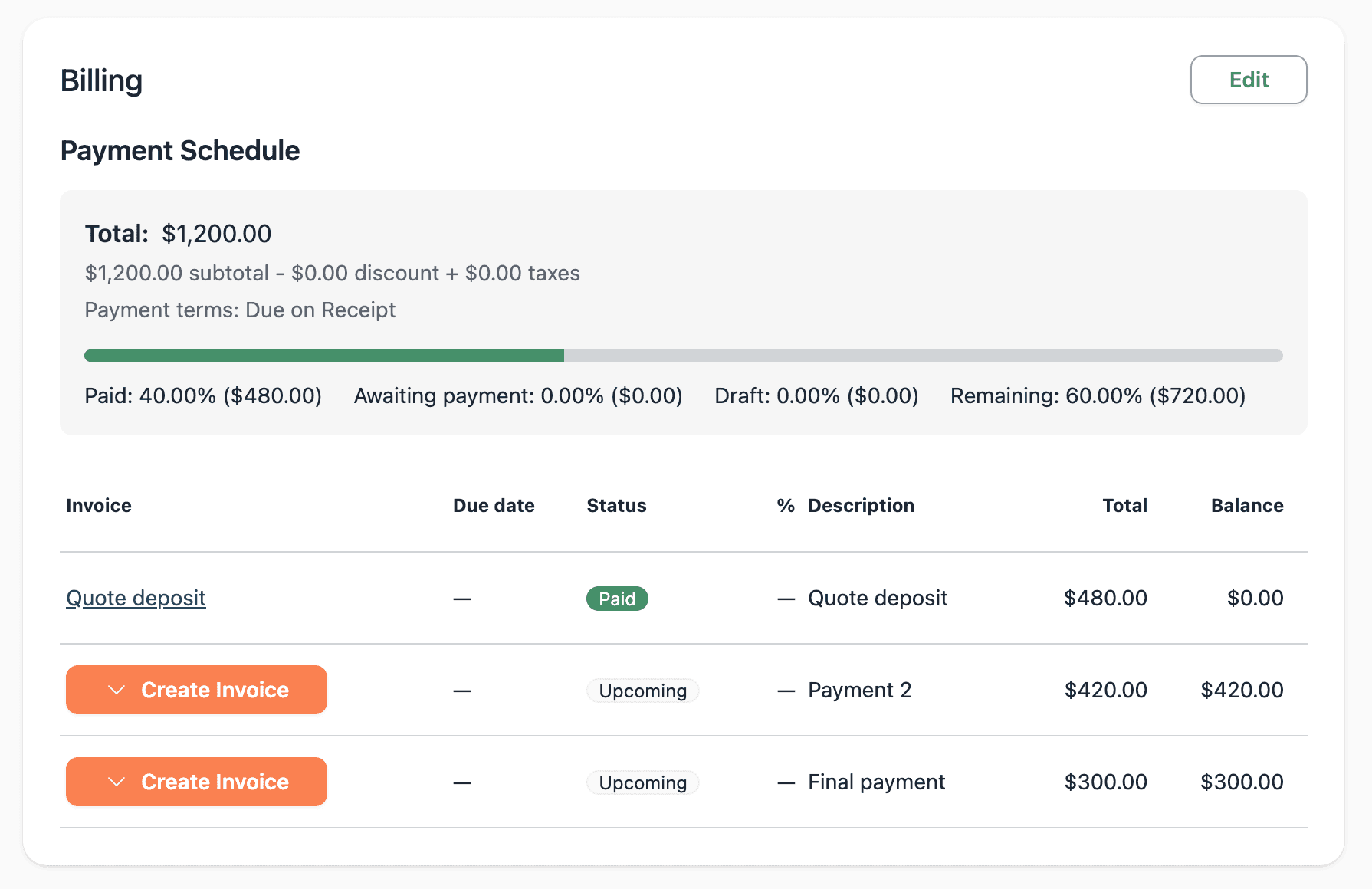 A quote payment schedule carried into a job, with a paid deposit and two remaining payments
