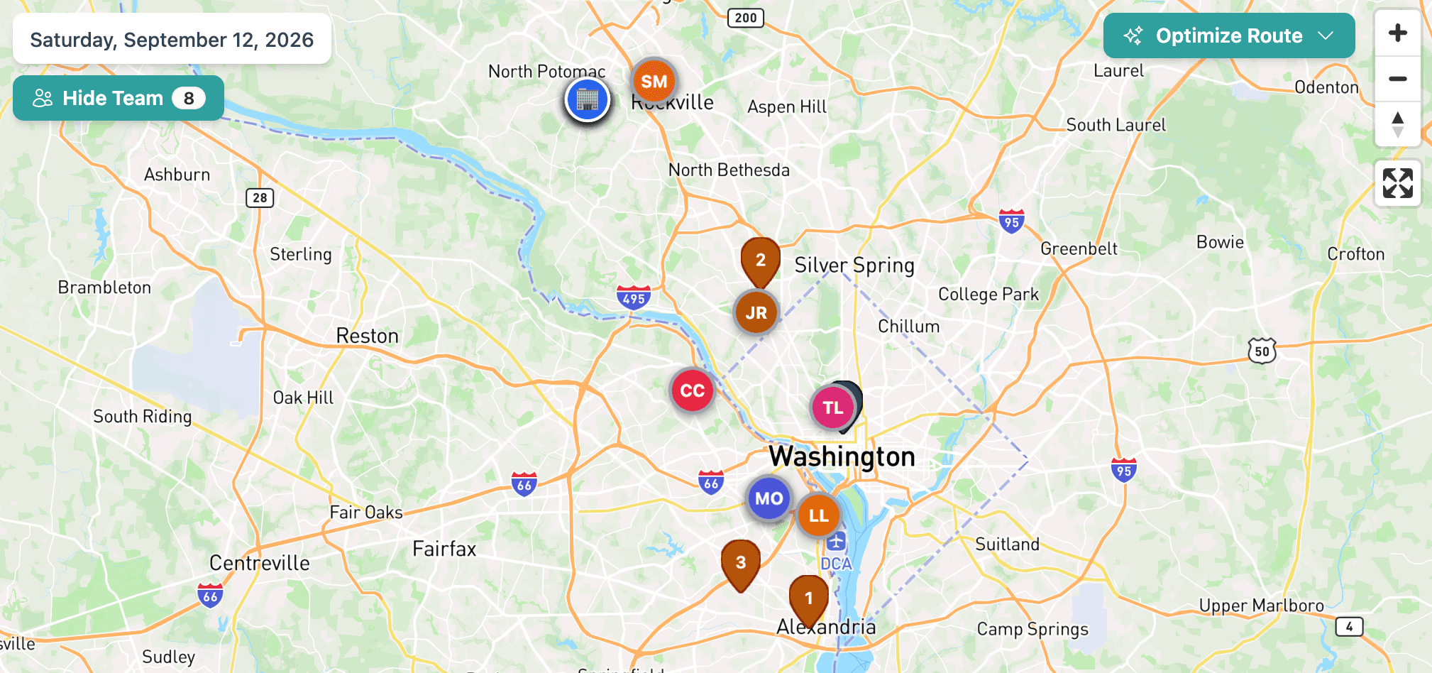 BlueSuite schedule map showing employee initials and numbered job locations for the day