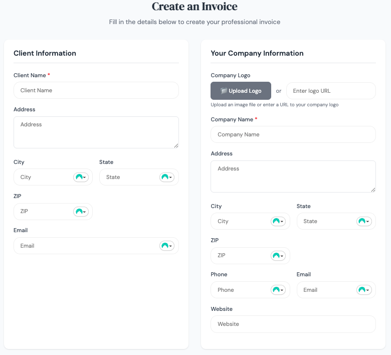 BlueSuite’s free invoice template tool showing client information and company information fields, including options to upload a logo, add addresses, and contact details to generate a professional invoice.