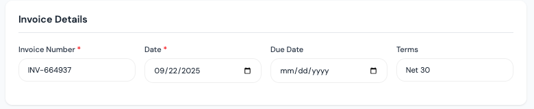 Invoice details section in BlueSuite’s free invoice template, showing fields for invoice number, date, due date, and payment terms such as Net 30.