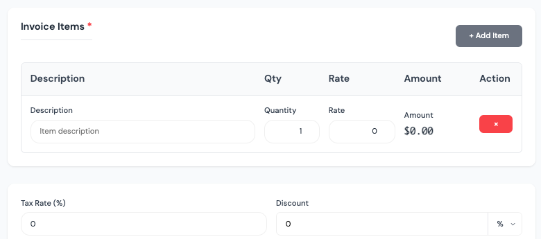 Invoice items section in BlueSuite’s free invoice template, showing fields to enter item descriptions, quantity, rate, and amount, along with tax and discount options.